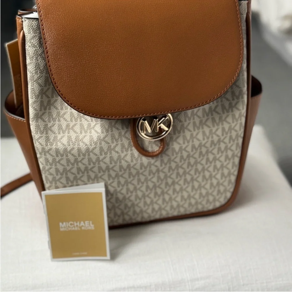 Michael Kors Brown and Cream MK Logo Backpack